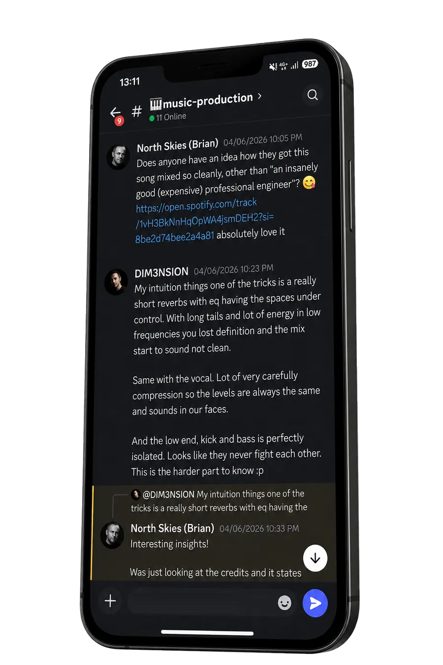 Discord music production community chat on a smartphone